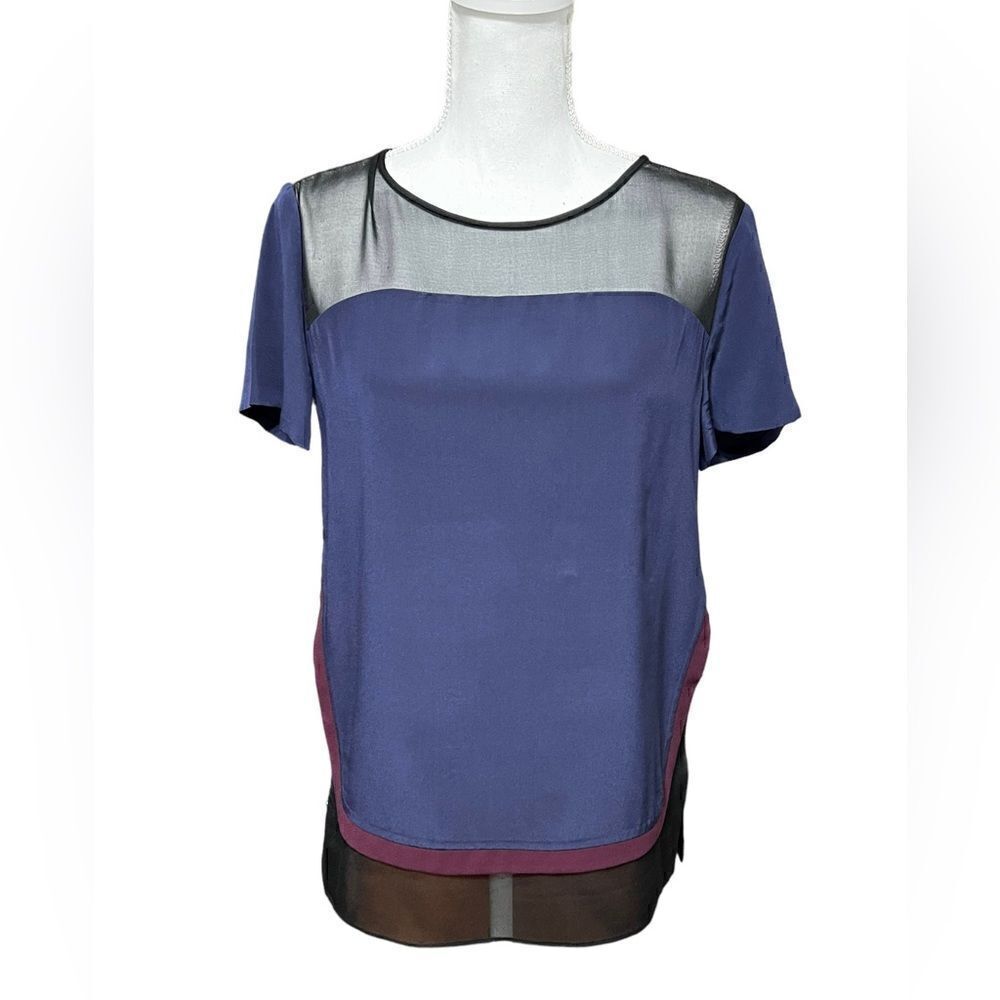 DIANE VON FURSTENBERG SILK COLOR-BLOCK BECKY TOP 8 Navy Black‎
